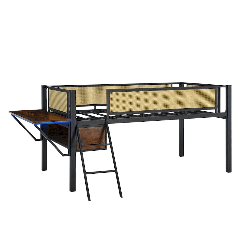 Twin Size Metal Loft Bed with Desk, LED Lights and Storage, Black+Brown