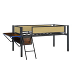 Twin Size Metal Loft Bed with Desk, LED Lights and Storage, Black+Brown