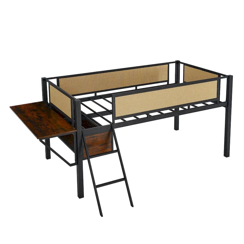 Twin Size Metal Loft Bed with Desk, LED Lights and Storage, Black+Brown