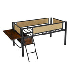 Twin Size Metal Loft Bed with Desk, LED Lights and Storage, Black+Brown