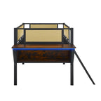 Twin Size Metal Loft Bed with Desk, LED Lights and Storage, Black+Brown