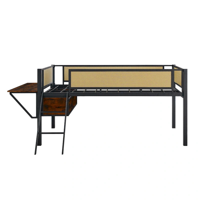 Twin Size Metal Loft Bed with Desk, LED Lights and Storage, Black+Brown
