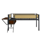 Twin Size Metal Loft Bed with Desk, LED Lights and Storage, Black+Brown