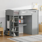 Gray Twin Size Solid Wood Loft Bed with Desk, Wardrobes and Drawers