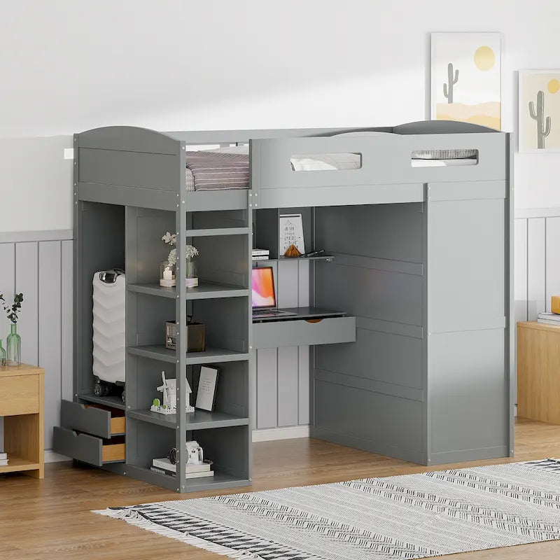 Gray Twin Size Solid Wood Loft Bed with Desk, Wardrobes and Drawers