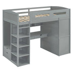 Gray Twin Size Solid Wood Loft Bed with Desk, Wardrobes & Drawers