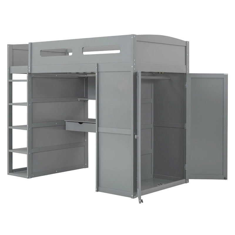 Gray Twin Size Solid Wood Loft Bed with Desk, Wardrobes and Drawers