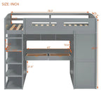 Gray Twin Size Solid Wood Loft Bed with Desk, Wardrobes and Drawers