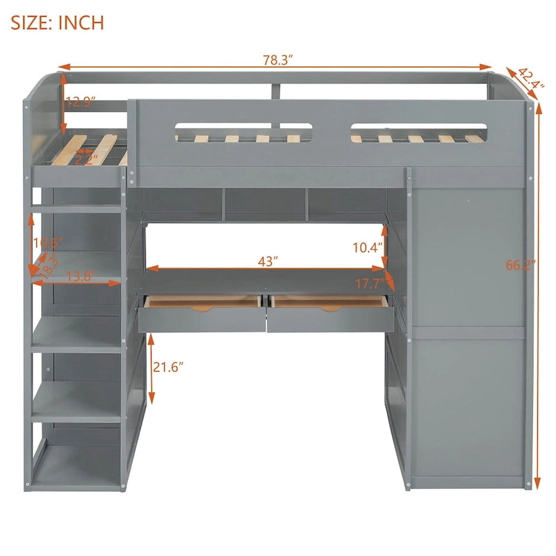 Gray Twin Size Solid Wood Loft Bed with Desk, Wardrobes and Drawers