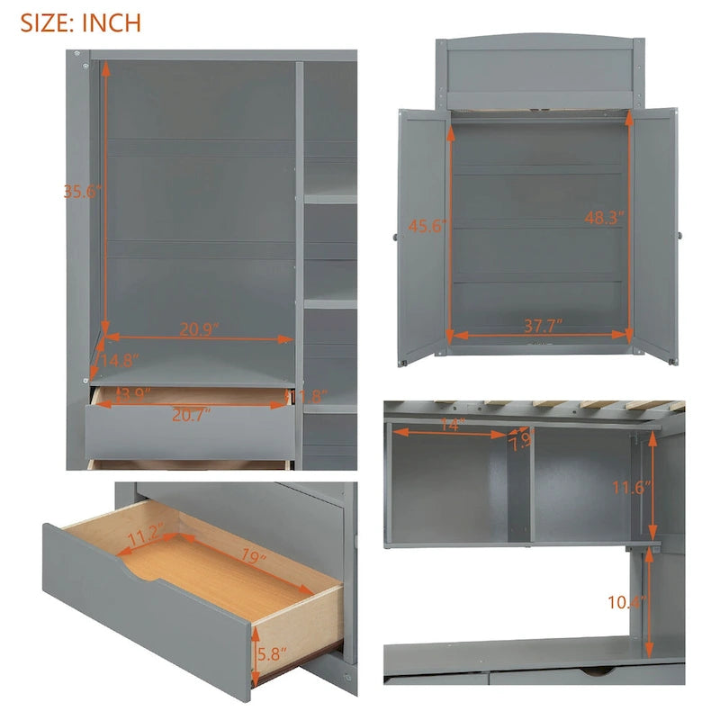 Gray Twin Size Solid Wood Loft Bed with Desk, Wardrobes and Drawers