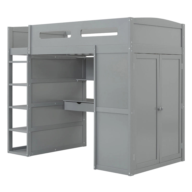 Gray Twin Size Solid Wood Loft Bed with Desk, Wardrobes and Drawers