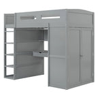 Gray Twin Size Solid Wood Loft Bed with Desk, Wardrobes and Drawers