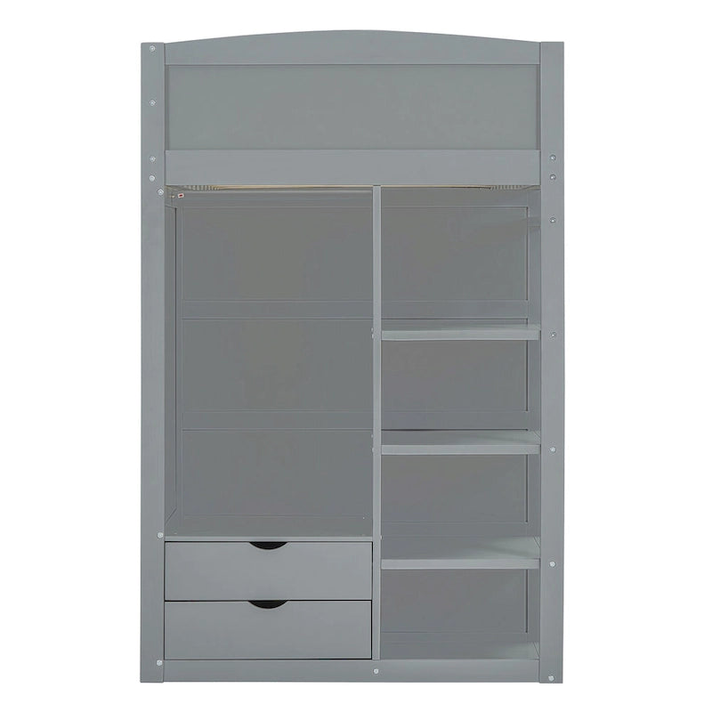 Gray Twin Size Solid Wood Loft Bed with Desk, Wardrobes and Drawers