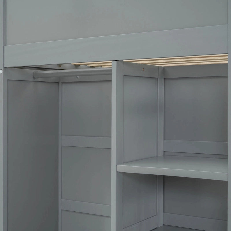 Gray Twin Size Solid Wood Loft Bed with Desk, Wardrobes and Drawers