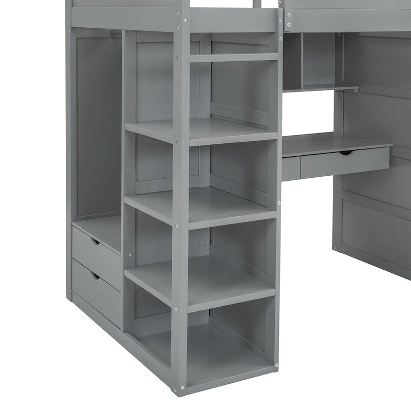 Gray Twin Size Solid Wood Loft Bed with Desk, Wardrobes and Drawers