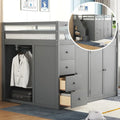 Gray Full Size Wood Loft Bed with Wardrobes, Drawers and Storage Staircase