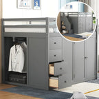 Gray Full Size Wood Loft Bed with Wardrobes, Drawers and Storage Staircase