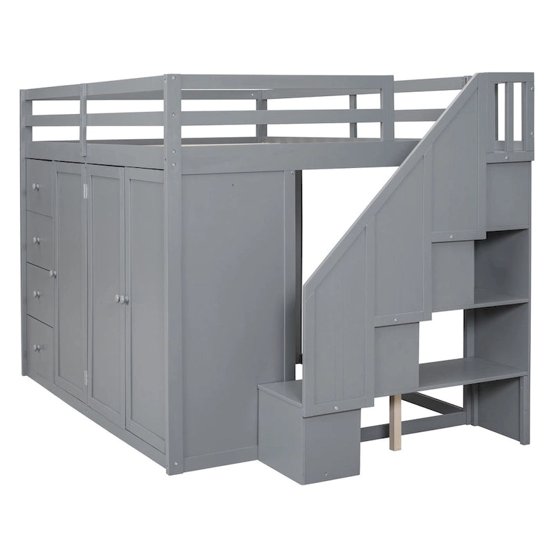Gray Full Wood Loft Bed with Wardrobes & Drawers