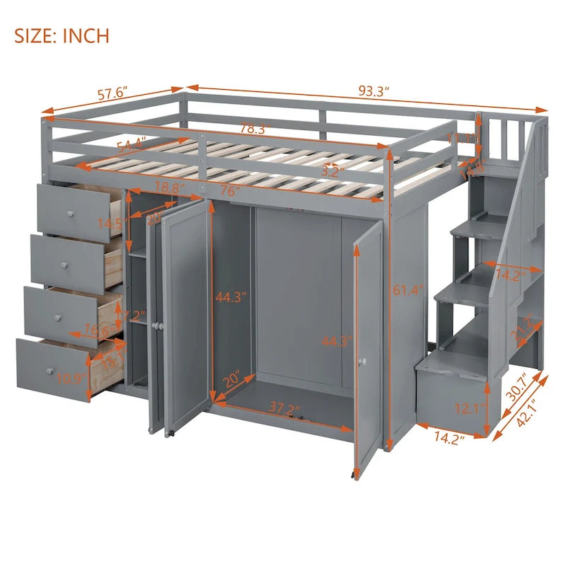 Gray Full Size Wood Loft Bed with Wardrobes, Drawers and Storage Staircase