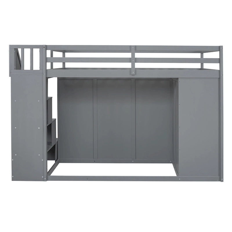 Gray Full Size Wood Loft Bed with Wardrobes, Drawers and Storage Staircase