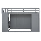 Gray Full Size Wood Loft Bed with Wardrobes, Drawers and Storage Staircase