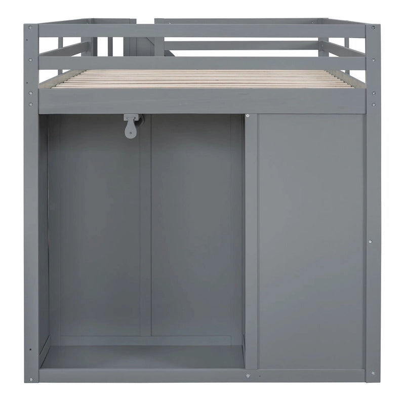 Gray Full Size Wood Loft Bed with Wardrobes, Drawers and Storage Staircase