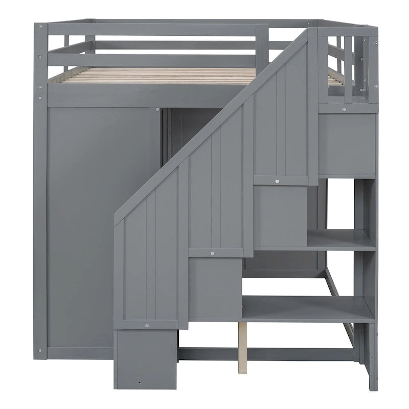 Gray Full Size Wood Loft Bed with Wardrobes, Drawers and Storage Staircase