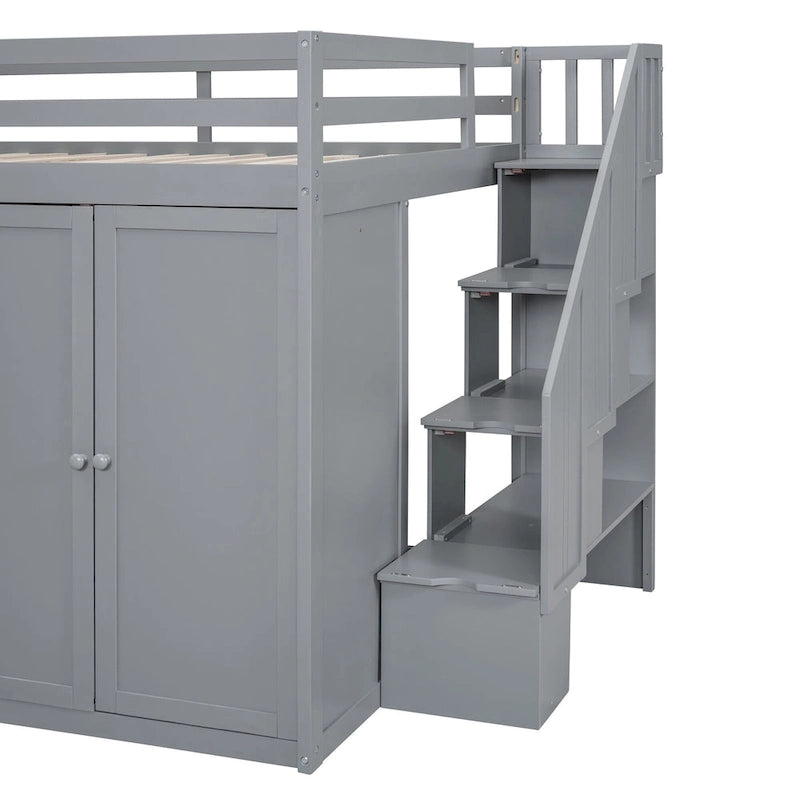 Gray Full Size Wood Loft Bed with Wardrobes, Drawers and Storage Staircase