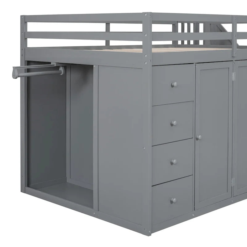 Gray Full Size Wood Loft Bed with Wardrobes, Drawers and Storage Staircase