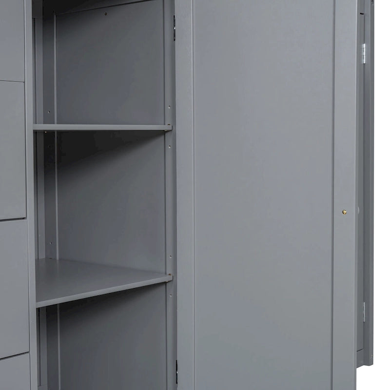 Gray Full Size Wood Loft Bed with Wardrobes, Drawers and Storage Staircase
