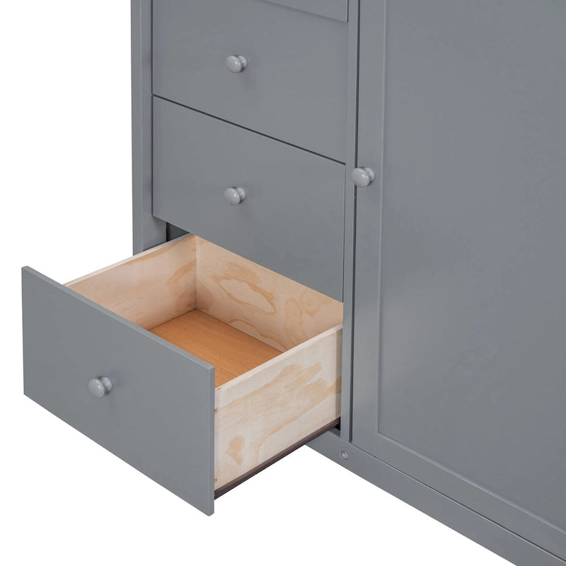 Gray Full Size Wood Loft Bed with Wardrobes, Drawers and Storage Staircase