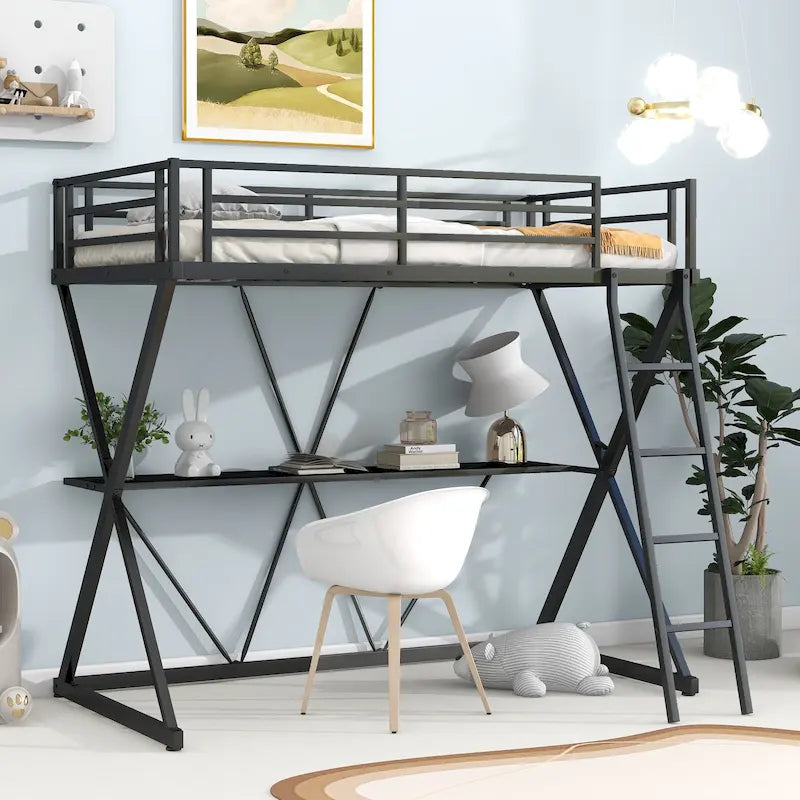 Twin Size Metal Loft Bed with Desk, X-Frame, Ladder and Full Guardrails