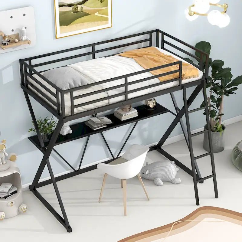 Twin Metal Loft Bed with Desk, Ladder, Guardrails, and X-Frame