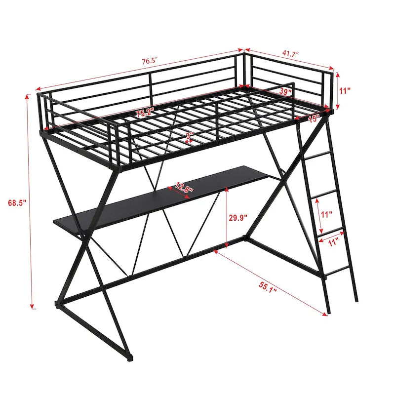 Twin Size Metal Loft Bed with Desk, X-Frame, Ladder and Full Guardrails