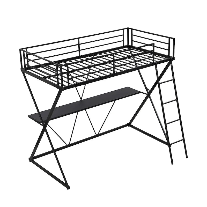 Twin Size Metal Loft Bed with Desk, X-Frame, Ladder and Full Guardrails