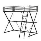 Twin Size Metal Loft Bed with Desk, X-Frame, Ladder and Full Guardrails