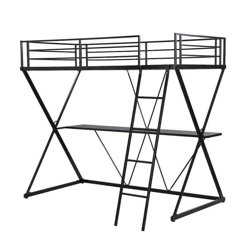 Twin Size Metal Loft Bed with Desk, X-Frame, Ladder and Full Guardrails