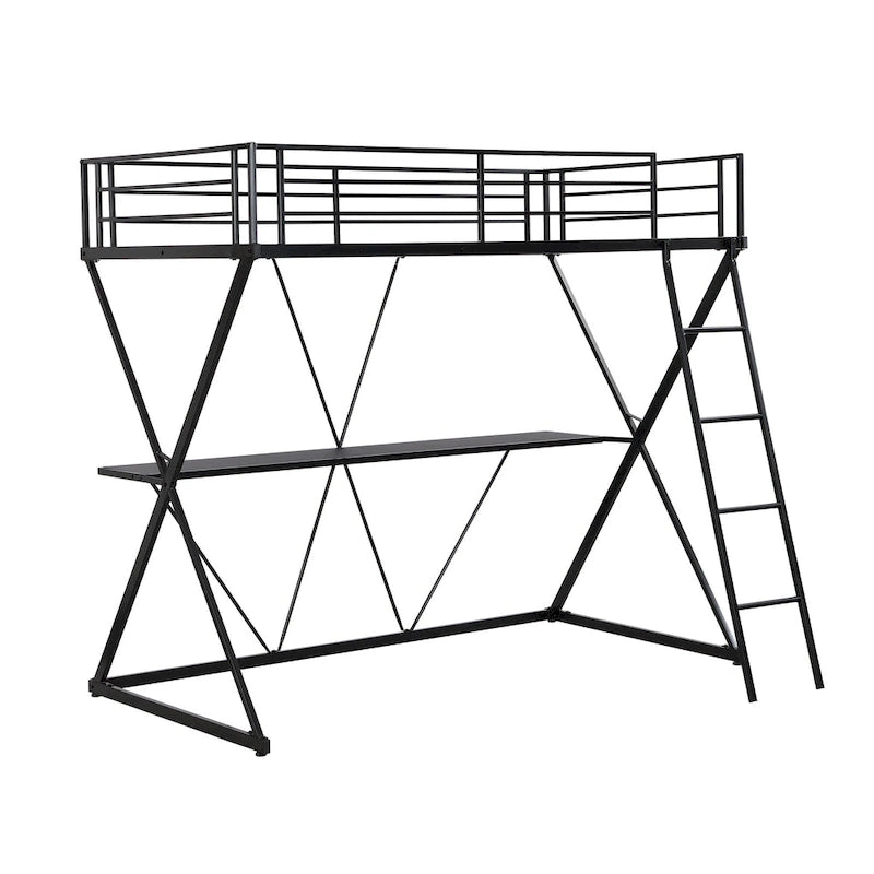 Twin Size Metal Loft Bed with Desk, X-Frame, Ladder and Full Guardrails
