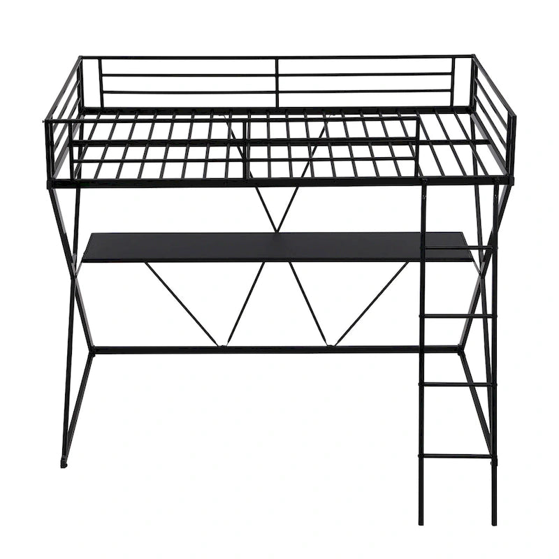 Twin Size Metal Loft Bed with Desk, X-Frame, Ladder and Full Guardrails