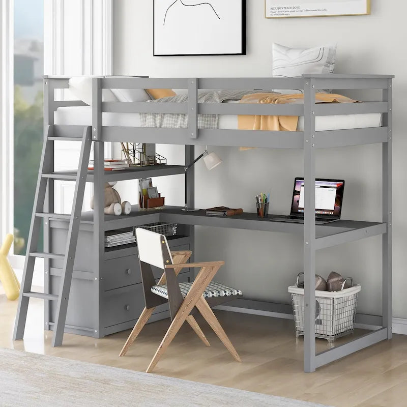 Modern Twin Size Pine Loft Bed with Desk, Shelves and Two Storage Drawers