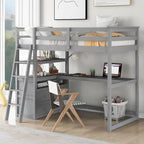 Modern Twin Size Pine Loft Bed with Desk, Shelves and Two Storage Drawers