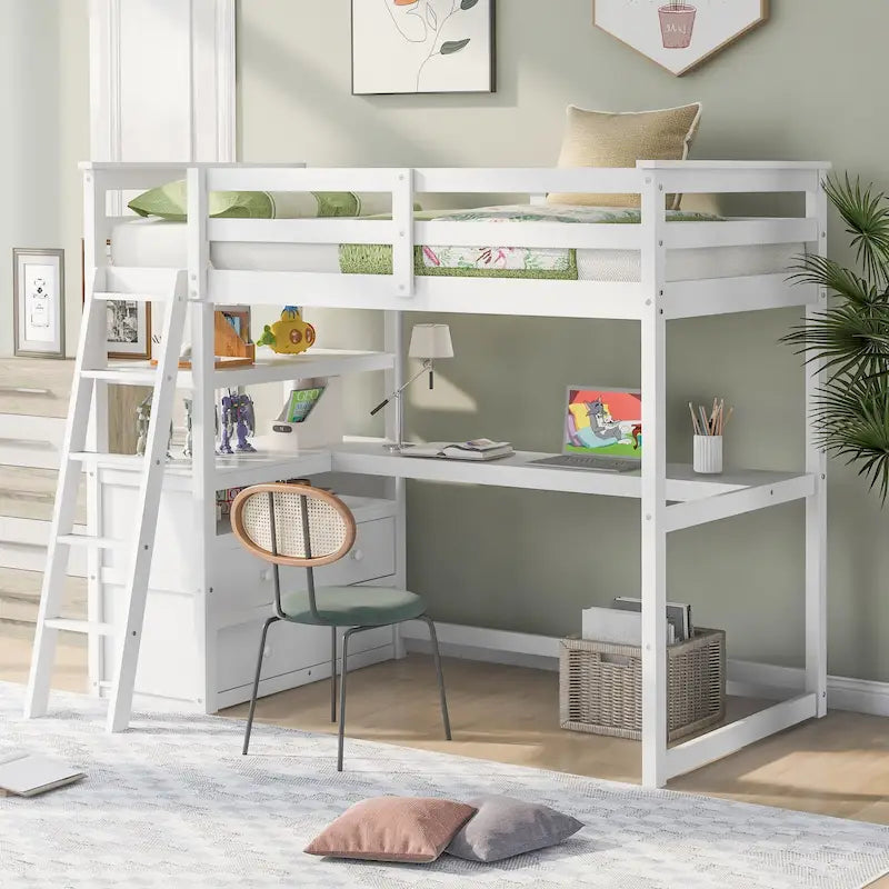 Modern Twin Size Pine Loft Bed with Desk, Shelves and Two Storage Drawers
