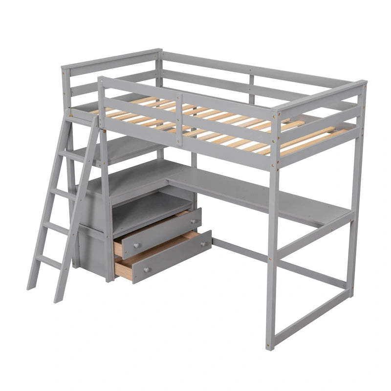 Modern Twin Pine Loft Bed with Desk and Drawers