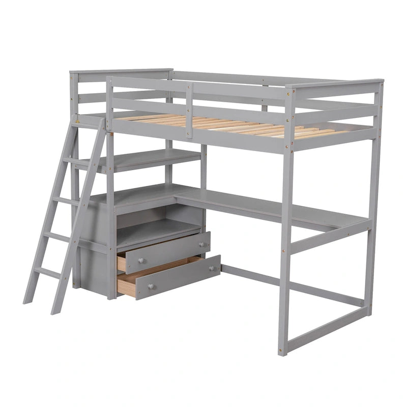 Modern Twin Size Pine Loft Bed with Desk, Shelves and Two Storage Drawers