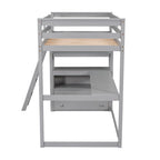 Modern Twin Size Pine Loft Bed with Desk, Shelves and Two Storage Drawers