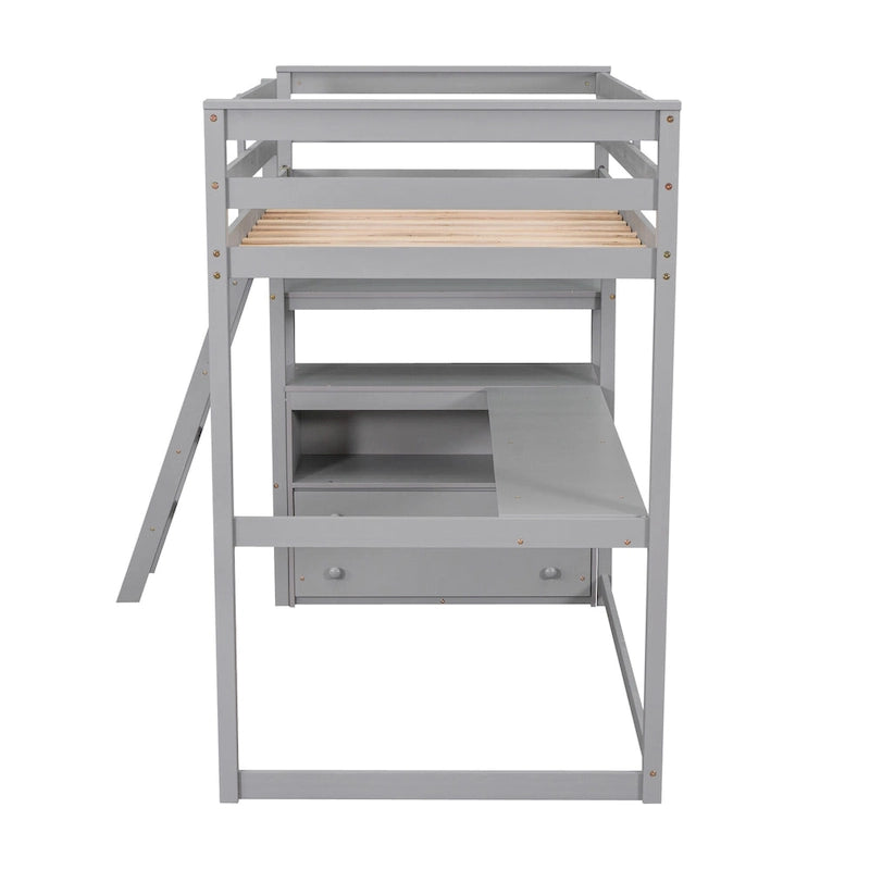 Modern Twin Size Pine Loft Bed with Desk, Shelves and Two Storage Drawers