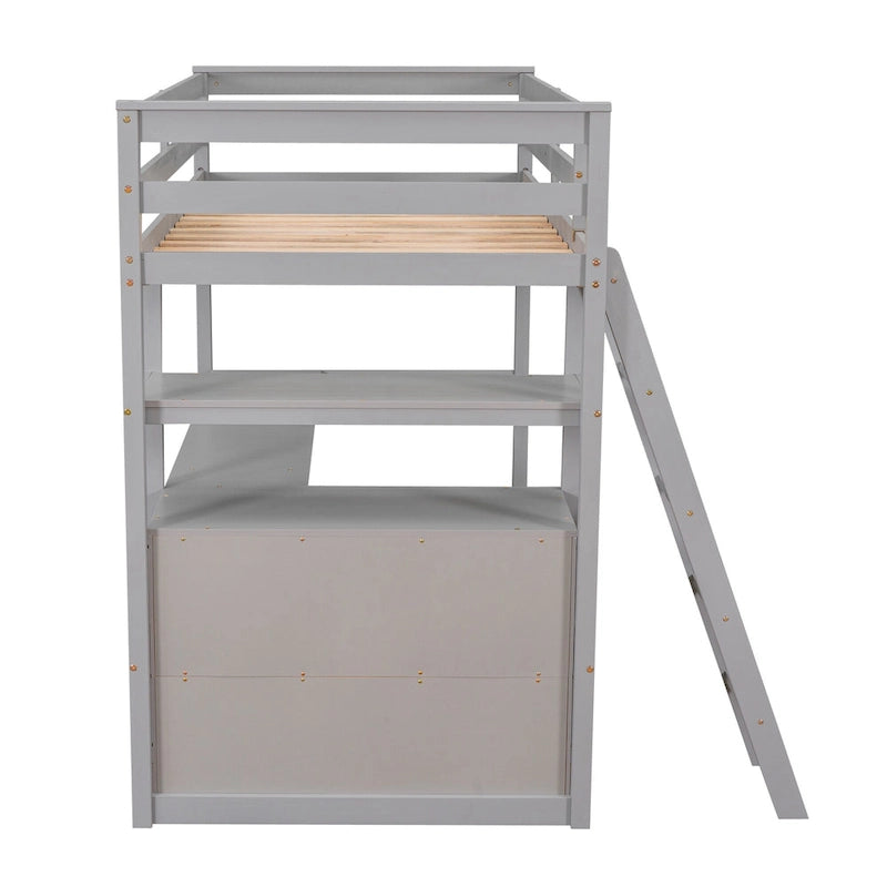 Modern Twin Size Pine Loft Bed with Desk, Shelves and Two Storage Drawers