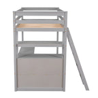 Modern Twin Size Pine Loft Bed with Desk, Shelves and Two Storage Drawers