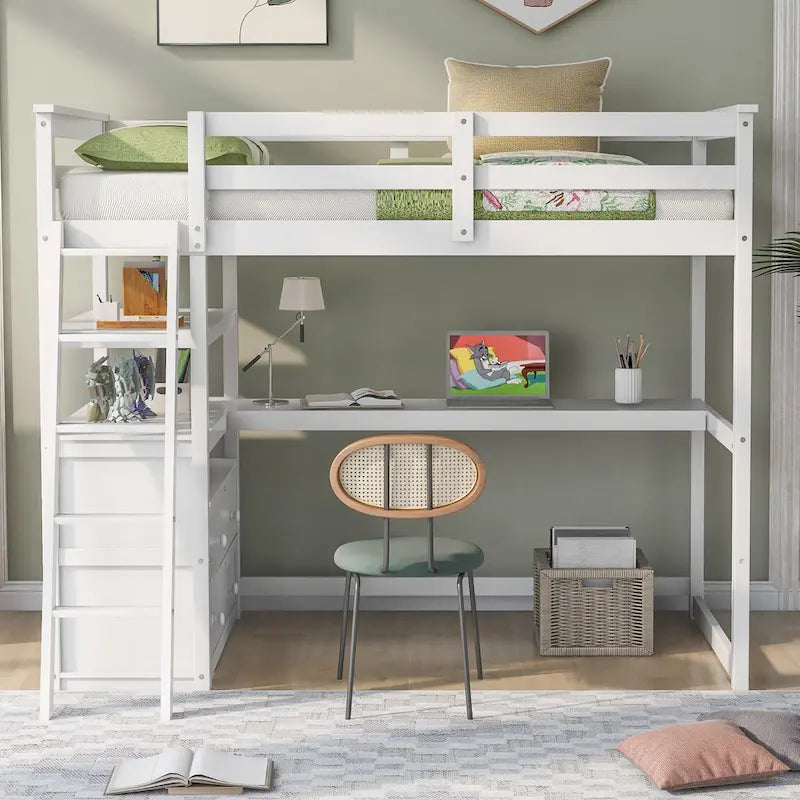 Modern Twin Size Pine Loft Bed with Desk, Shelves and Two Storage Drawers