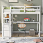 Modern Twin Size Pine Loft Bed with Desk, Shelves and Two Storage Drawers